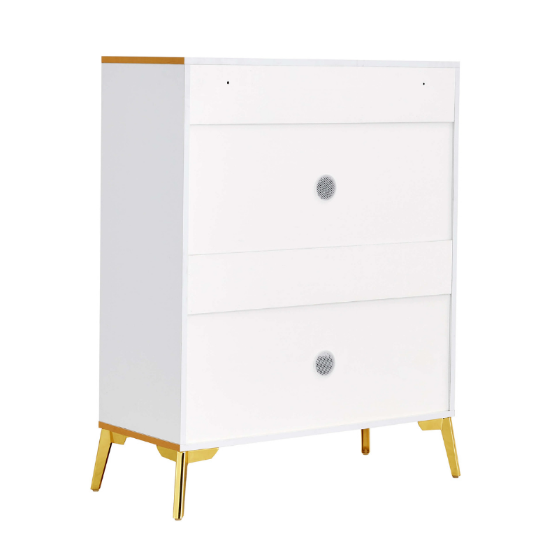 Elegant modern white shoe cabinet with gold accents viewed from the front, showcasing its sleek design.