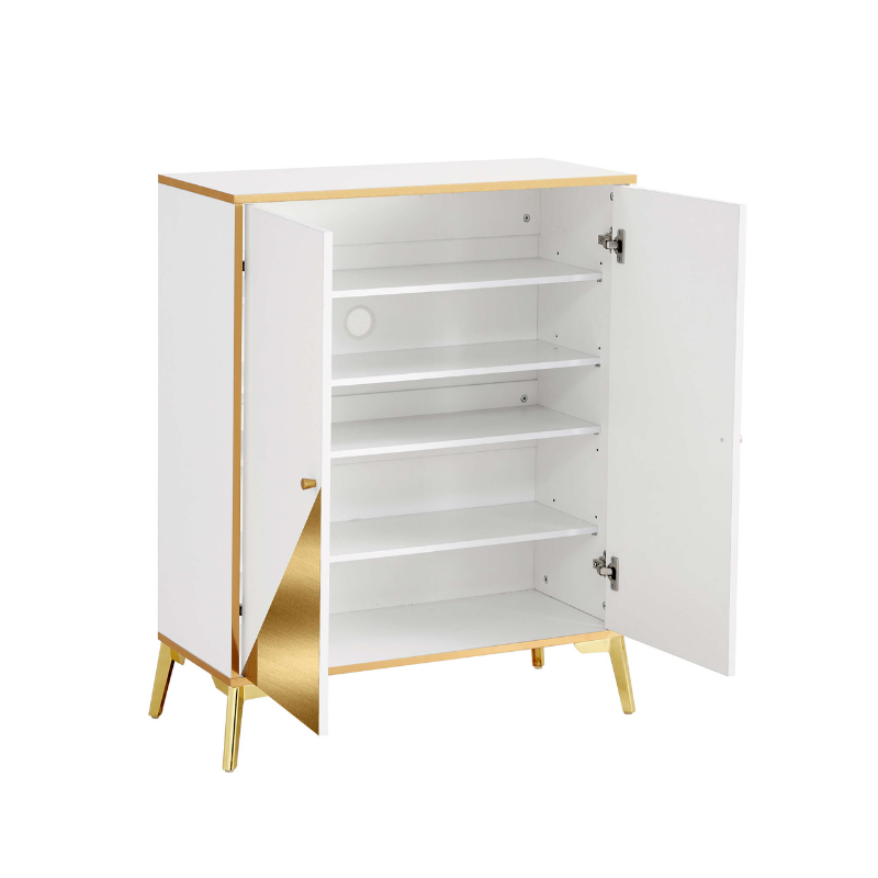 Side view of the modern white shoe cabinet displaying its spacious shelves and elegant gold hardware.