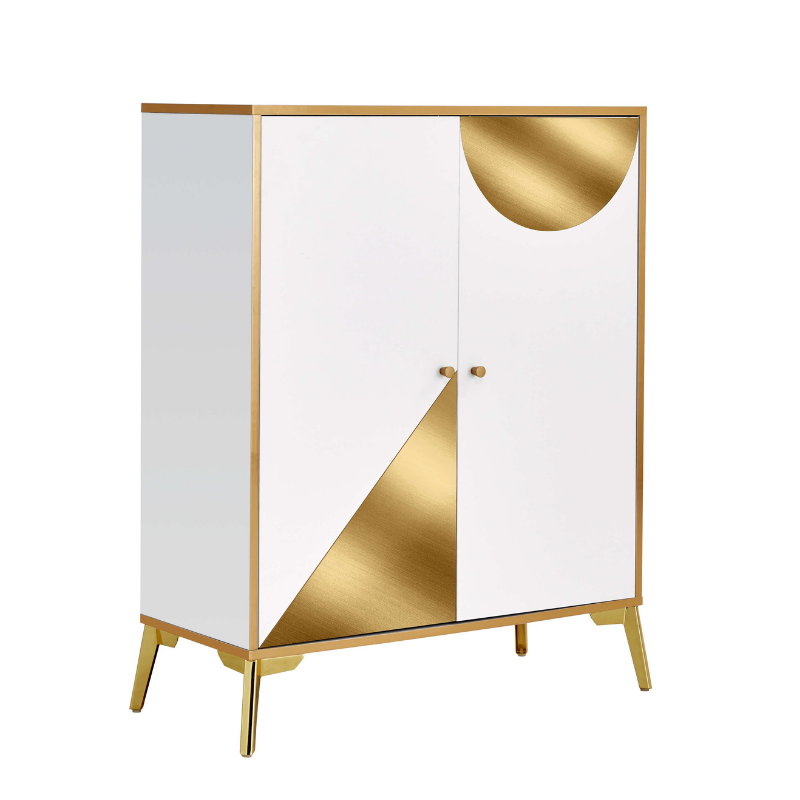 Elegant modern white shoe cabinet with gold accents viewed from the front, showcasing its sleek design.