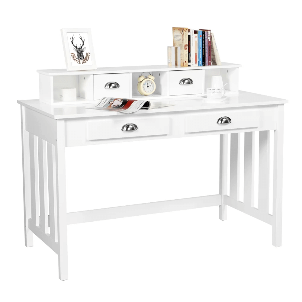 Close-up of the writing desks drawers, emphasizing the quality craftsmanship and white finish.