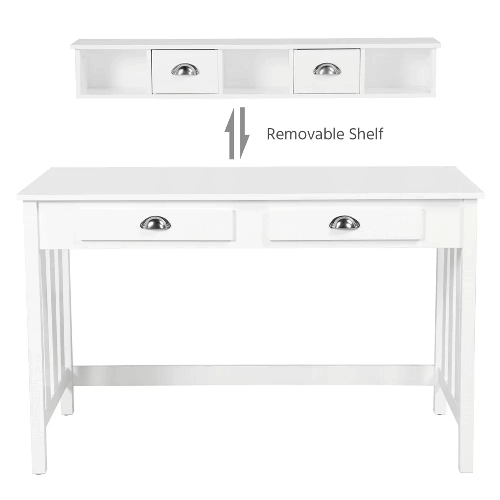 Front view of the elegant modern writing desk showcasing its sleek design and four drawers.