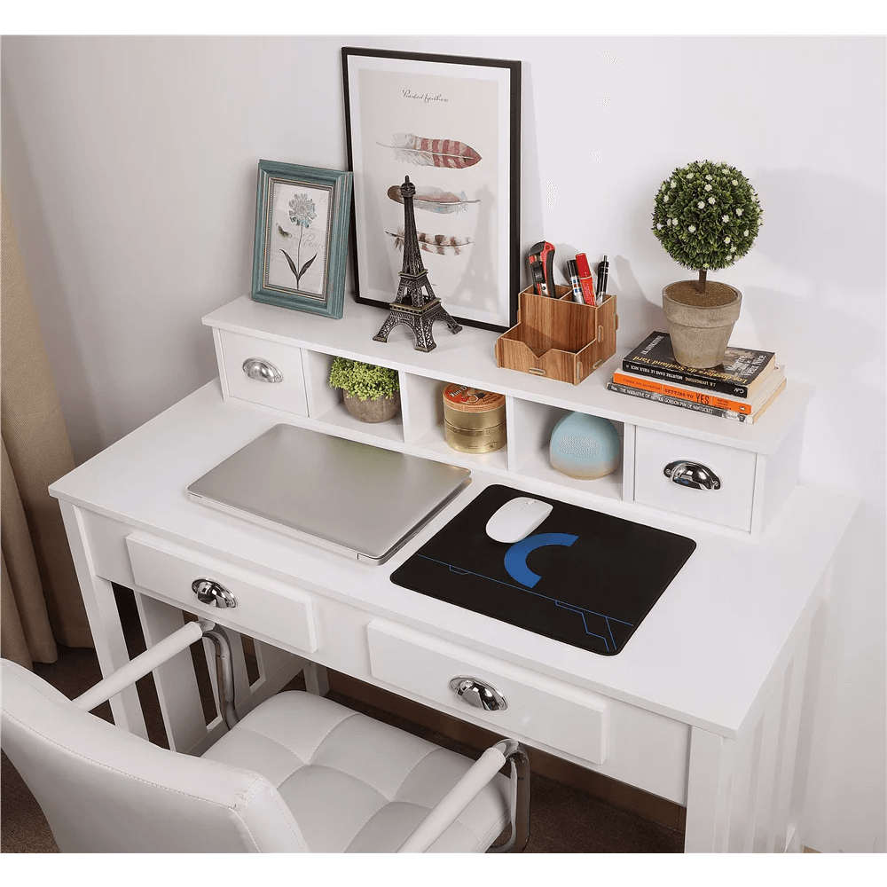 Side angle of the stylish computer desk with hutch, highlighting the spacious storage options.