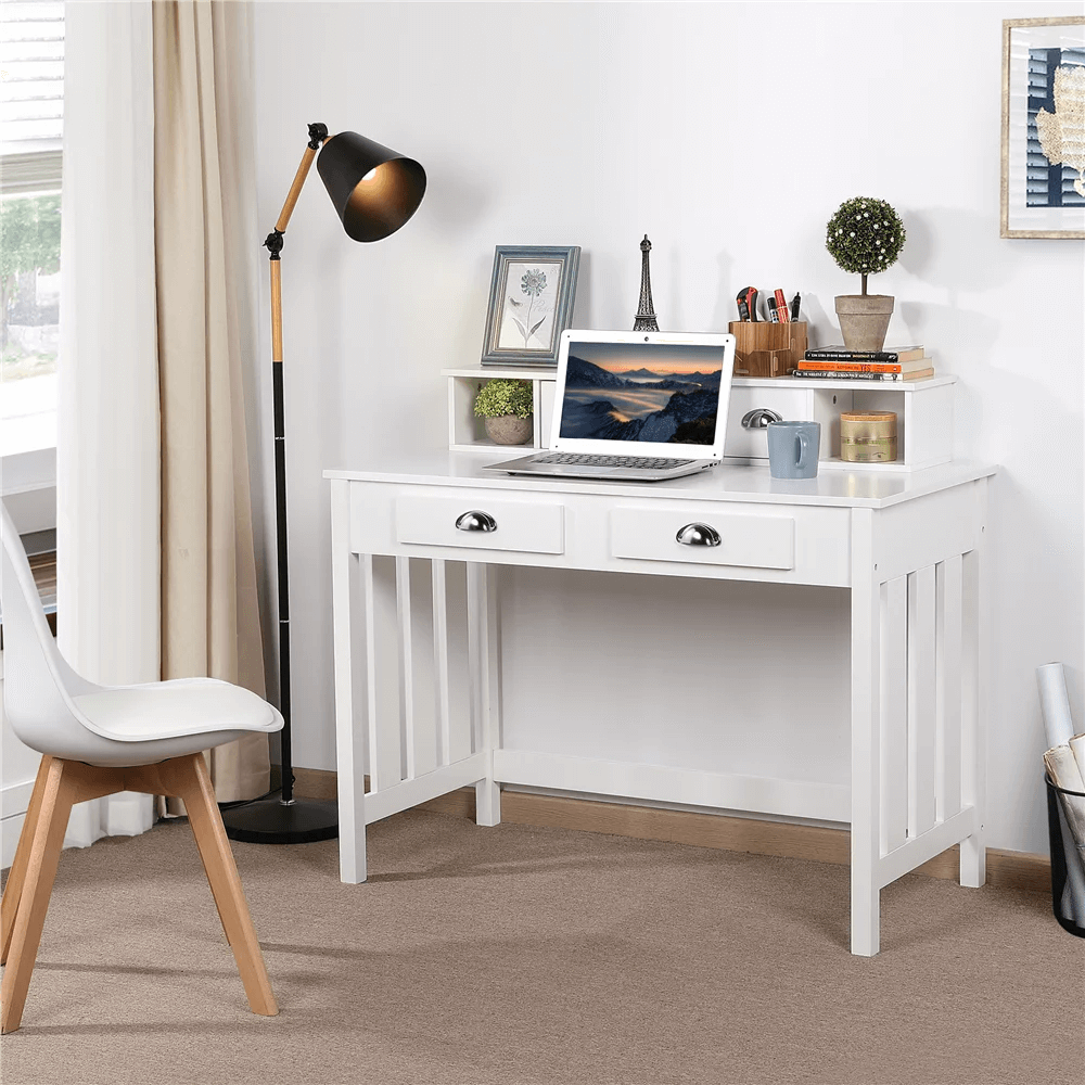 Front view of the elegant modern writing desk showcasing its sleek design and four drawers.