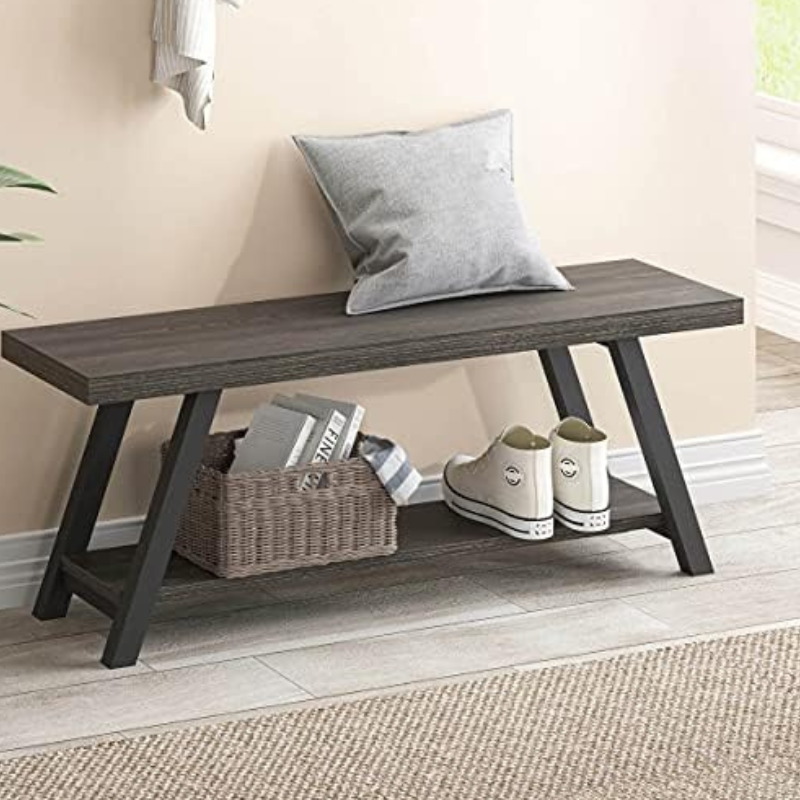 Front angle of SlateLine entryway bench showing metal frame and shelf