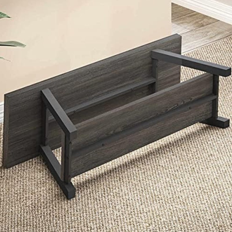 Front angle of SlateLine entryway bench showing metal frame and shelf