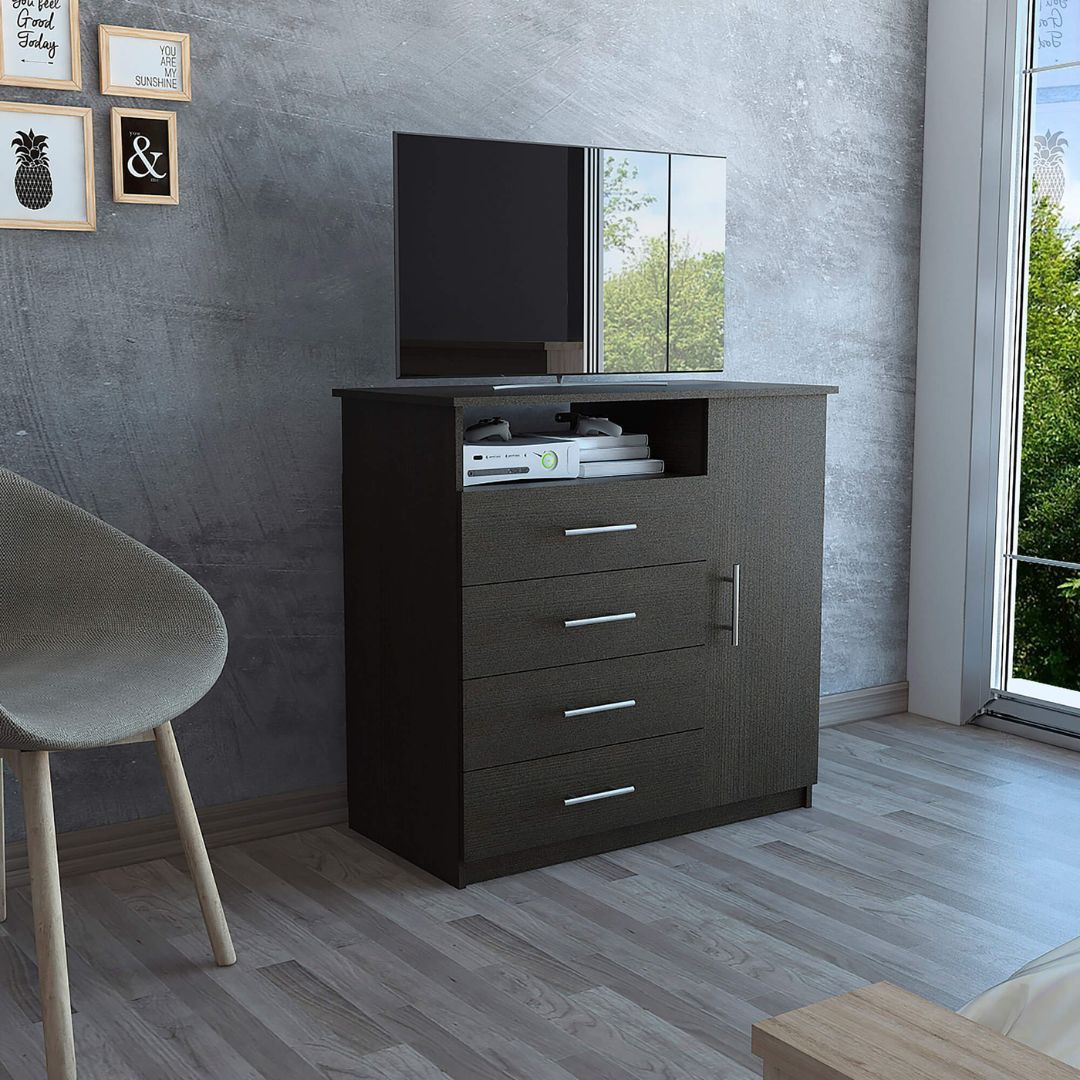 Side view of the sleek black wenge dresser showcasing its four drawers and open shelf.