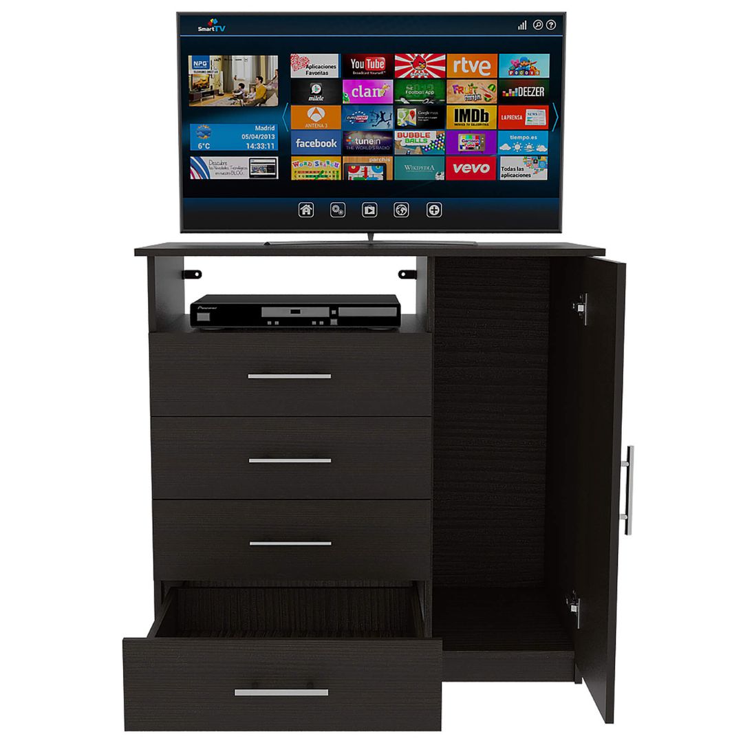 Side view of the sleek black wenge dresser showcasing its four drawers and open shelf.