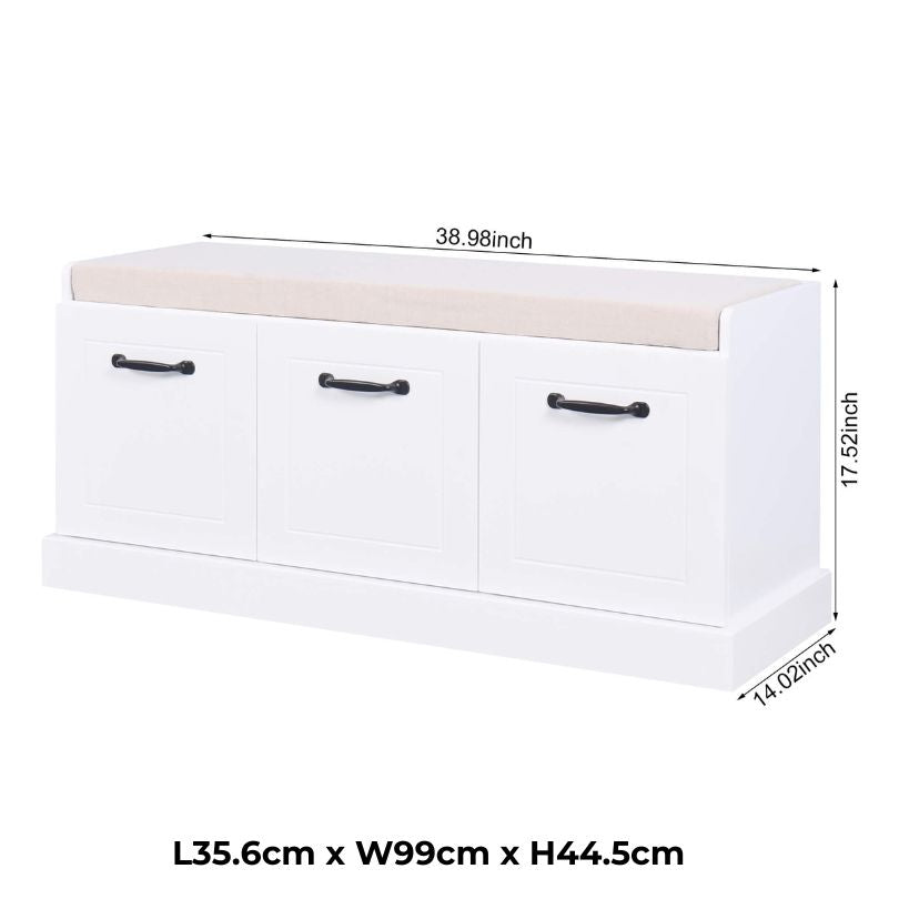 Side angle of the storage bench, highlighting its modern wooden frame and stylish design.