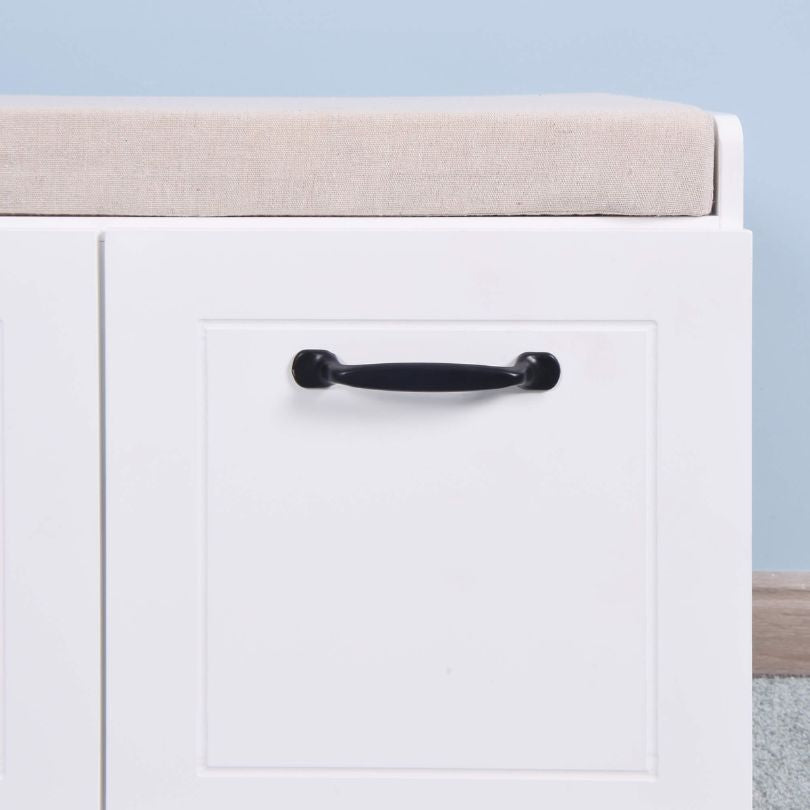 Close-up of the cushion on the shoe storage bench, emphasizing comfort and quality.