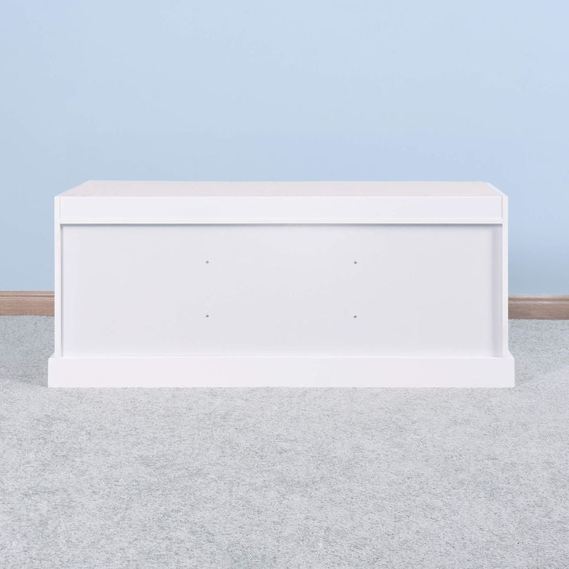 Side angle of the storage bench, highlighting its modern wooden frame and stylish design.