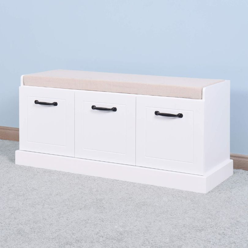 Close-up of the cushion on the shoe storage bench, emphasizing comfort and quality.