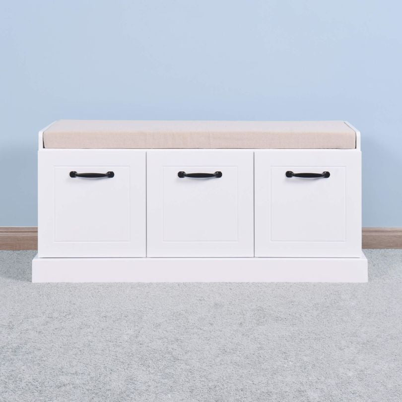Front view of the Elegant Entryway Storage Bench showcasing the beige cushion and drawers.