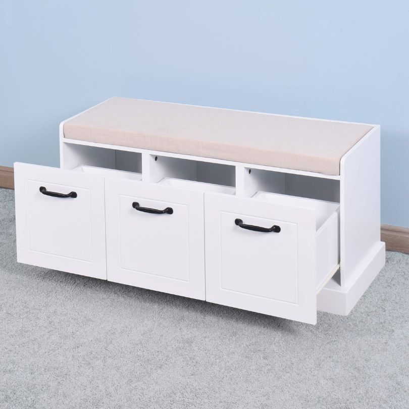 Side angle of the storage bench, highlighting its modern wooden frame and stylish design.