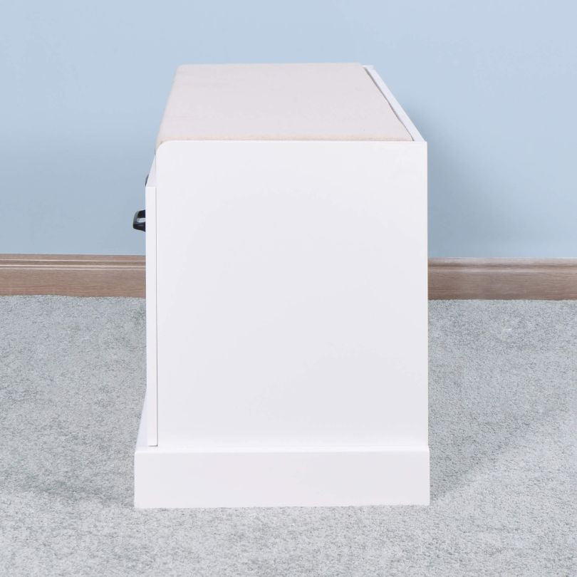 Front view of the Elegant Entryway Storage Bench showcasing the beige cushion and drawers.