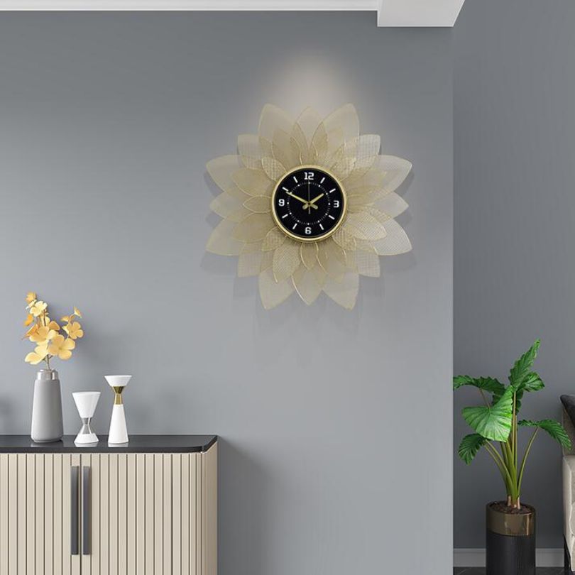 Close-up of the elegant sunflower design of the wrought iron clock.