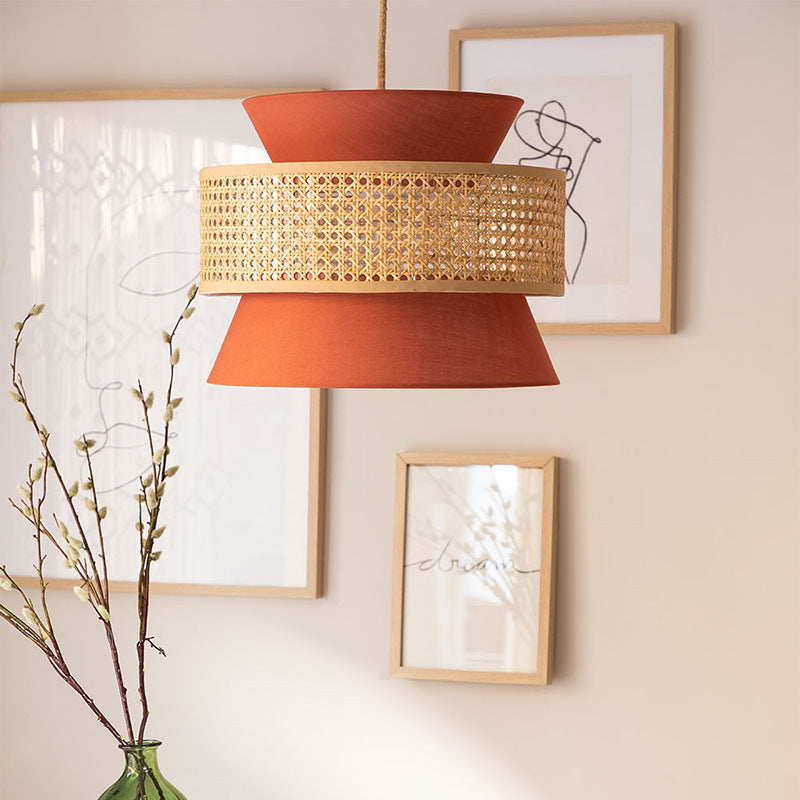 Side view of colorful rattan pendant with warm ambient lighting effect