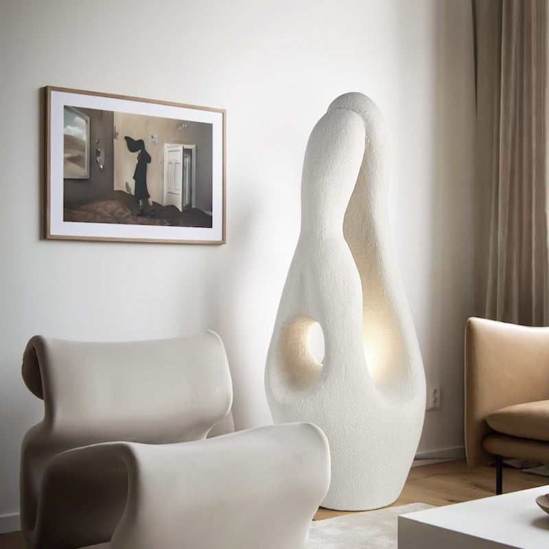 Close-up of the Japanese style LED floor lamp highlighting its artistic polystyrene base.
