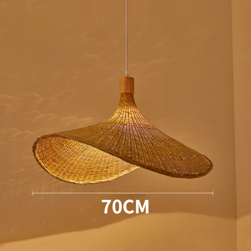 The intricate weaving of the bamboo wicker pendant light showcasing its natural texture.