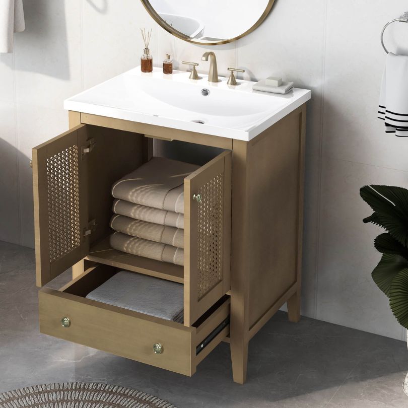 Side view of the modern bathroom cabinet for small spaces highlighting its warm tones and clean lines.