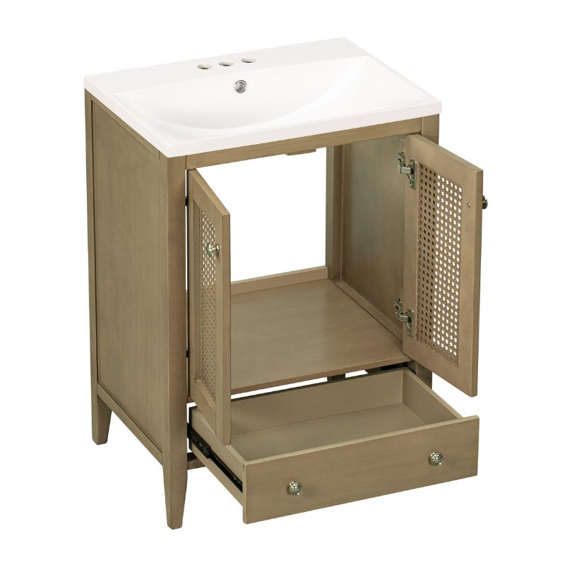 Elegant Natural Rattan Bathroom Storage Cabinet showcasing its woven doors and pull-out drawer.