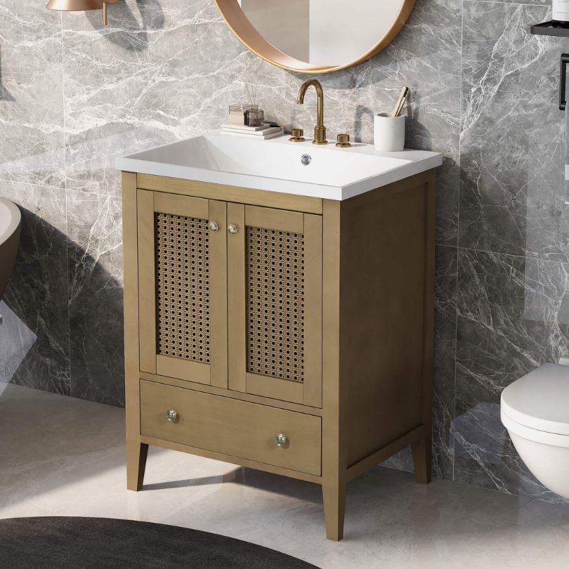 Close-up of the ceramic basin integrated into the natural rattan cabinet for a stylish bathroom look.