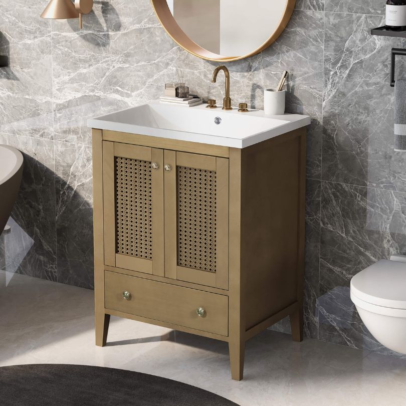 Elegant Natural Rattan Bathroom Storage Cabinet showcasing its woven doors and pull-out drawer.
