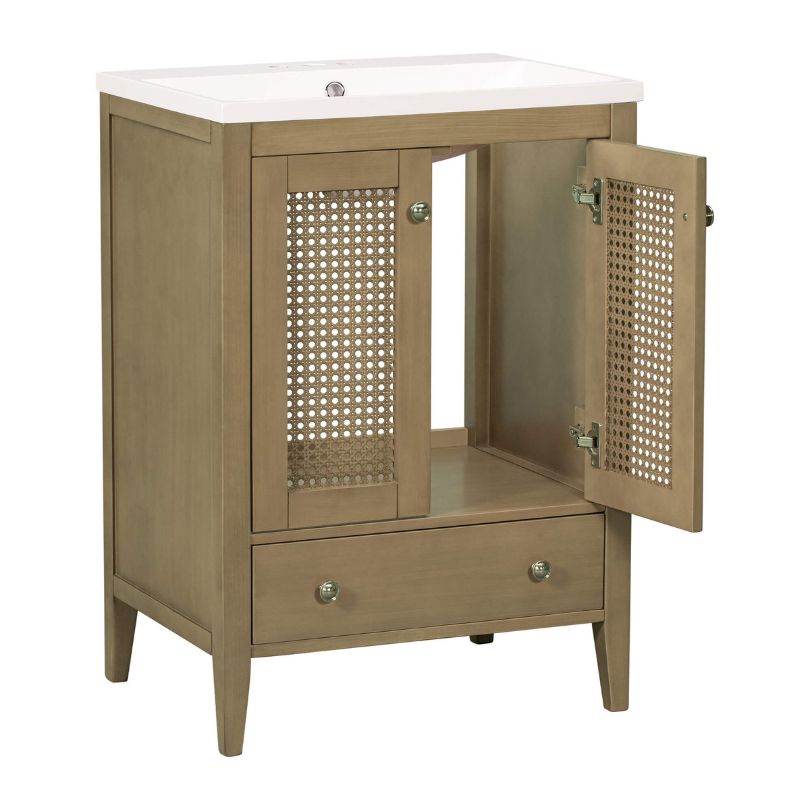 Side view of the modern bathroom cabinet for small spaces highlighting its warm tones and clean lines.