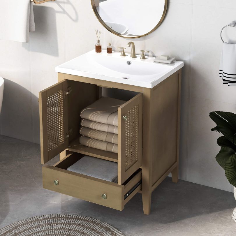 Elegant Natural Rattan Bathroom Storage Cabinet showcasing its woven doors and pull-out drawer.