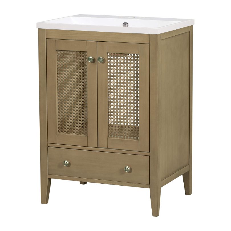Close-up of the ceramic basin integrated into the natural rattan cabinet for a stylish bathroom look.
