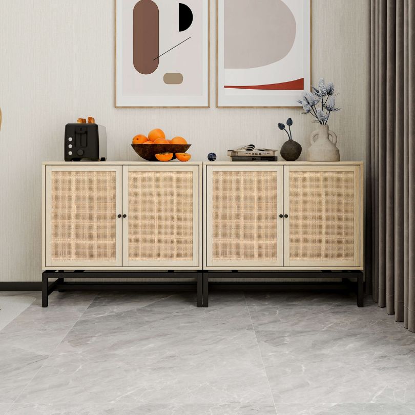 Elegant natural rattan accent cabinet set showcasing its intricate texture and design from a side angle.