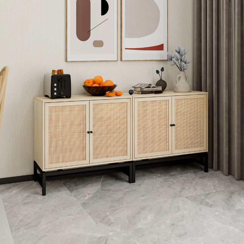 Elegant natural rattan accent cabinet set showcasing its intricate texture and design from a side angle.