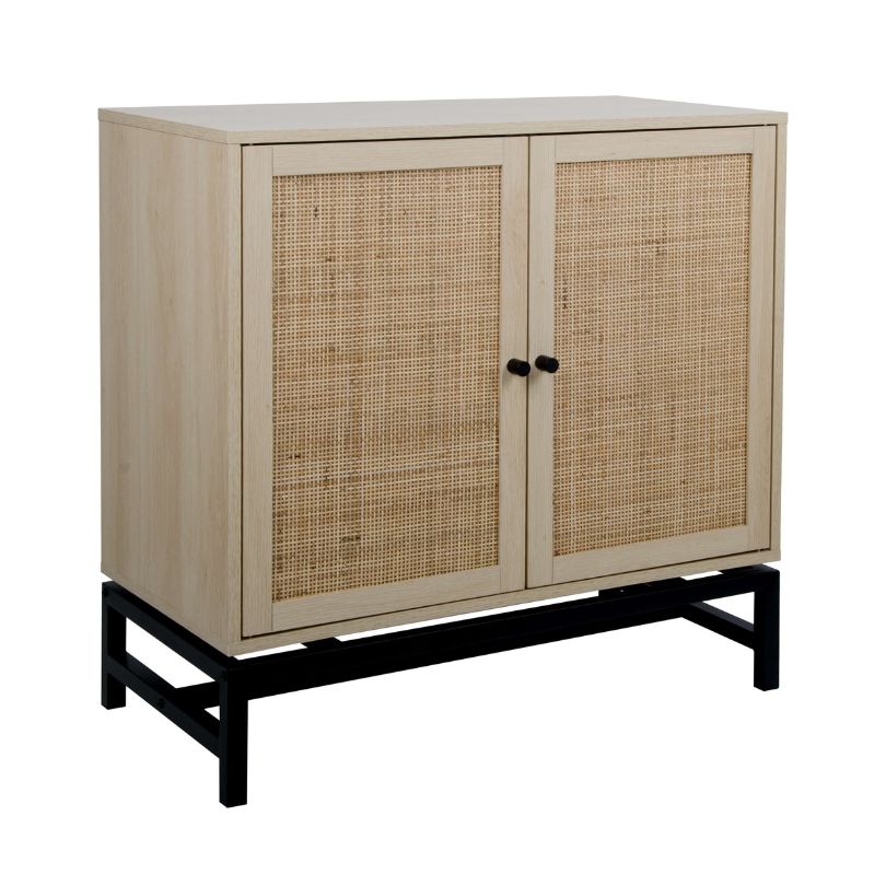 Natural rattan accent cabinet set displayed with decorative items, highlighting its functional elegance.
