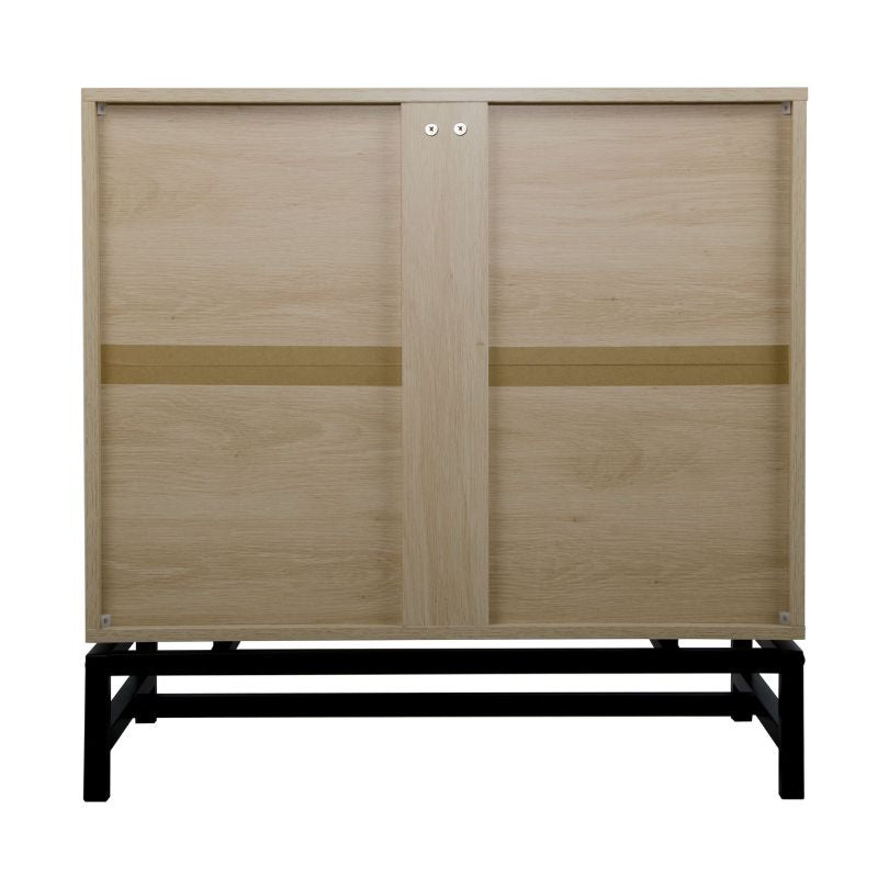 Elegant natural rattan accent cabinet set showcasing its intricate texture and design from a side angle.