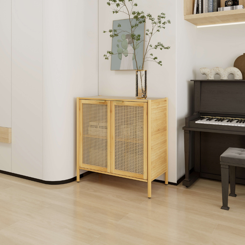 Close-up of the minimalist rattan storage cabinet highlighting its natural finish