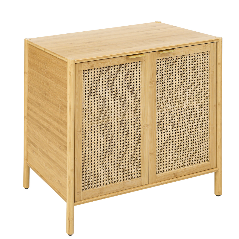 Chic natural rattan storage cabinet with doors in a modern living room setting.