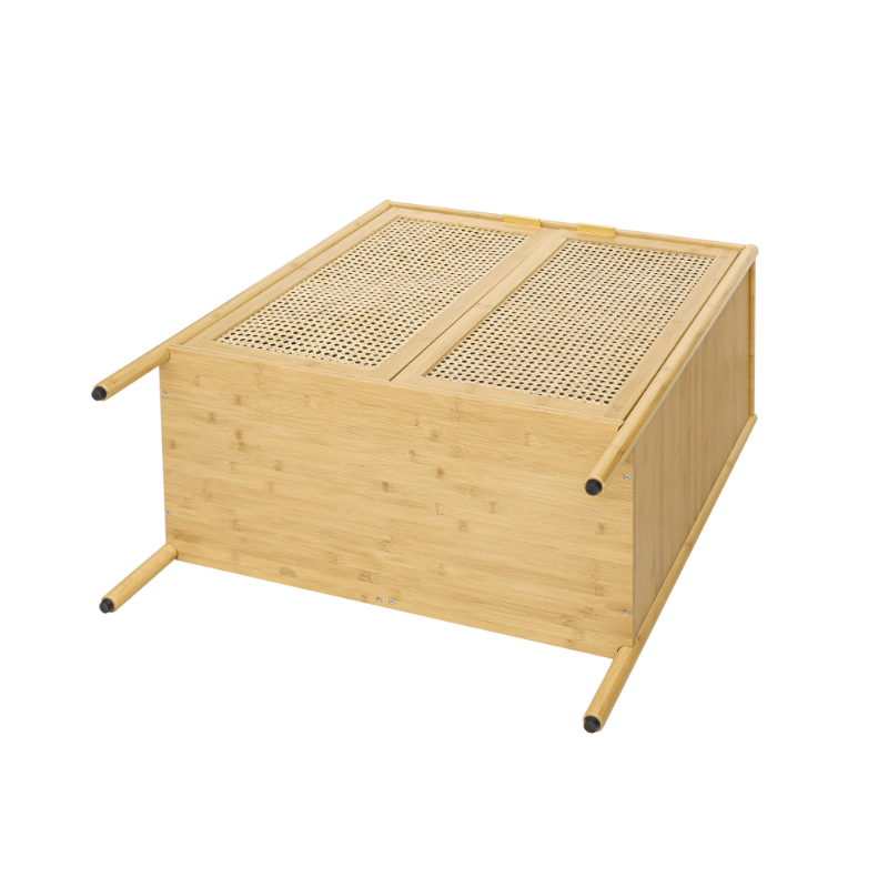 Close-up of the rattan sideboard with adjustable shelves showcasing its spacious interior.