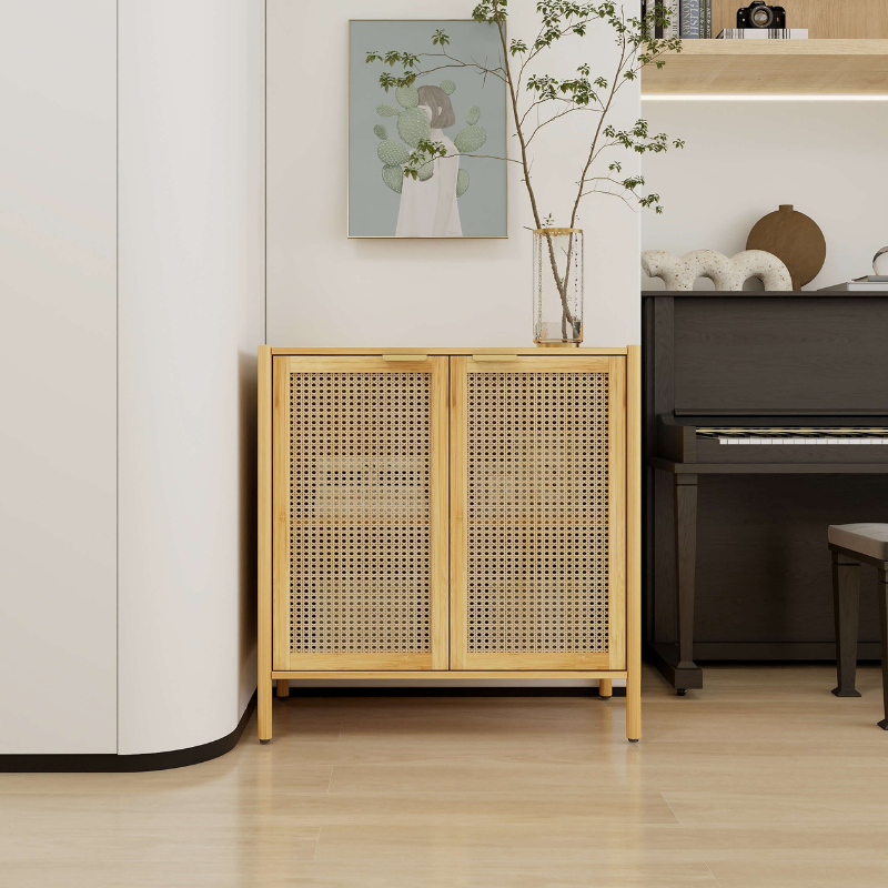 Elegant natural rattan sideboard cabinet showcasing rattan doors and shelves