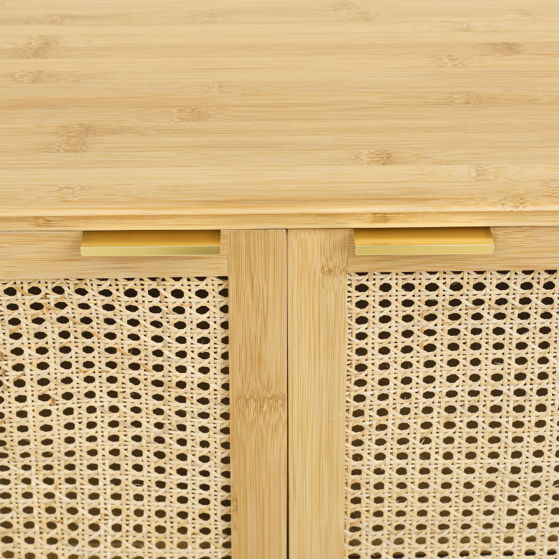 Close-up of the minimalist rattan storage cabinet highlighting its natural finish