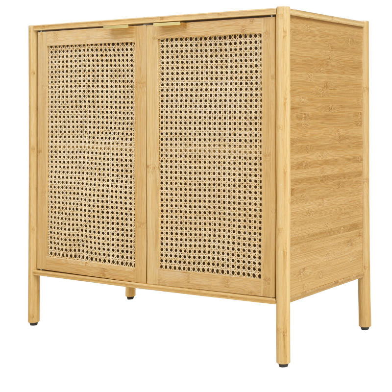 Close-up of the rattan sideboard with adjustable shelves showcasing its spacious interior.