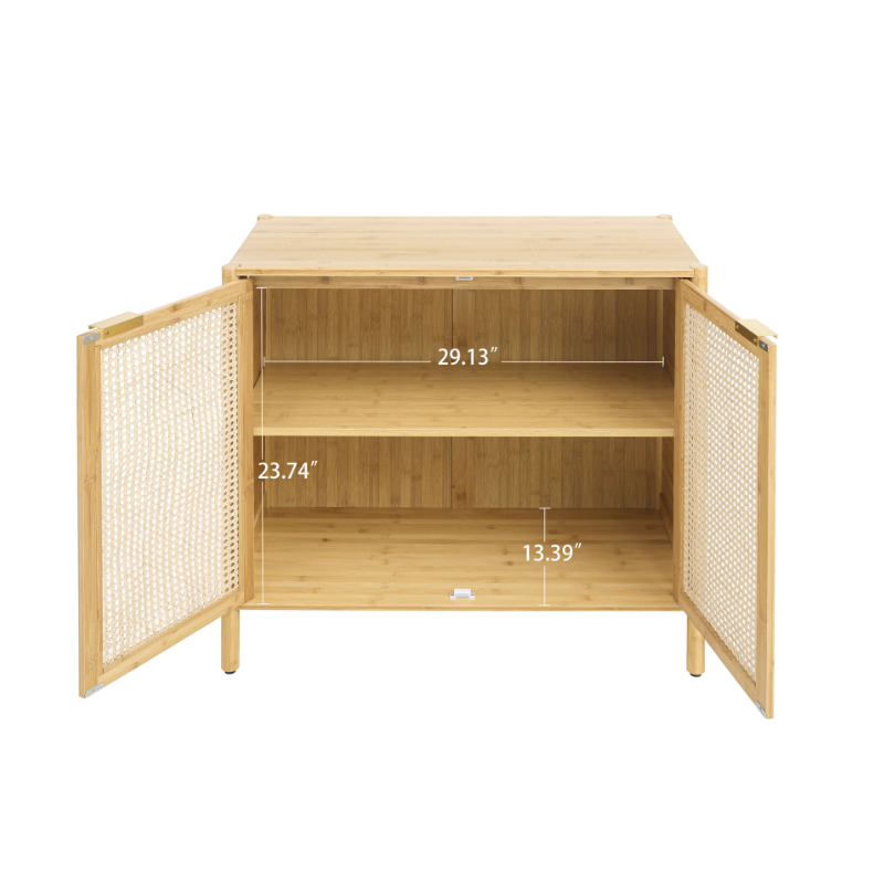 Chic natural rattan storage cabinet with doors in a modern living room setting.