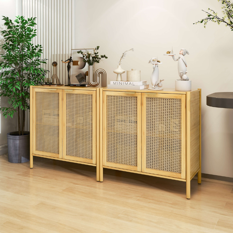 Close-up of the rattan sideboard with adjustable shelves showcasing its spacious interior.