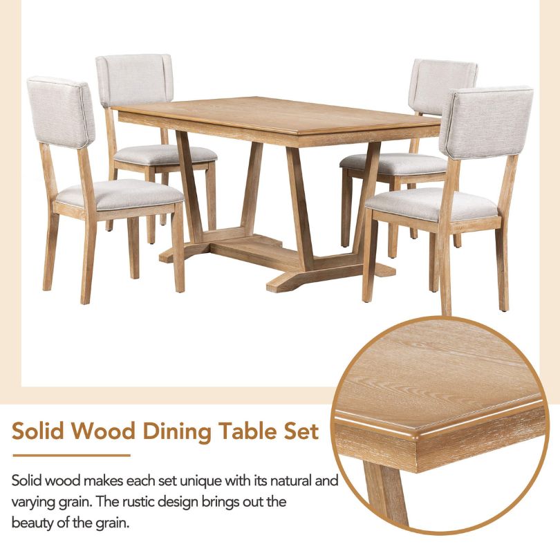 Cozy Natural Beige 5-Piece Rustic Dining Table Set with chairs in a bright dining room.