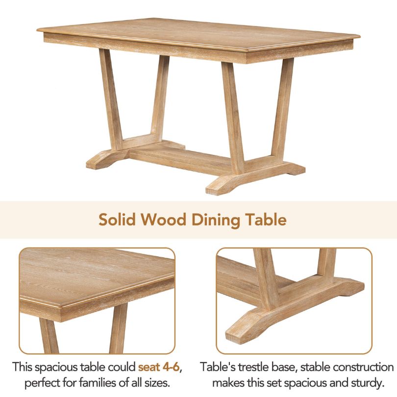 Close-up of the rectangular dining table with trestle base showcasing its natural finish.