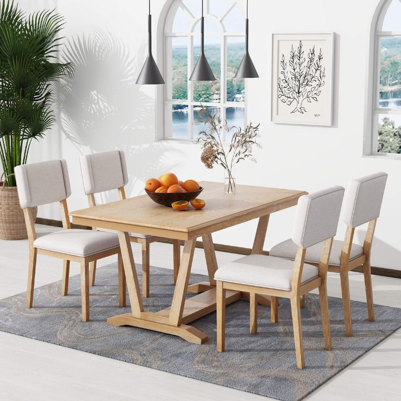 Cozy Natural Beige 5-Piece Rustic Dining Table Set with chairs in a bright dining room.