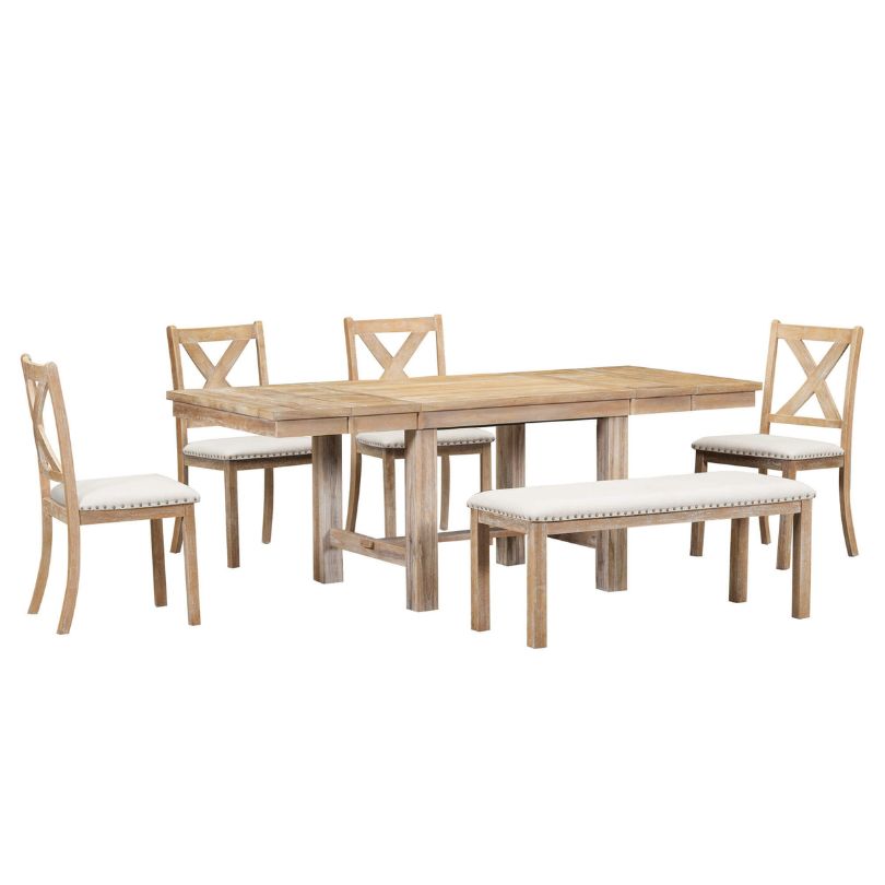 Overview of the Charming Natural Beige Farmhouse Dining Set featuring a spacious table, four chairs, and a bench.