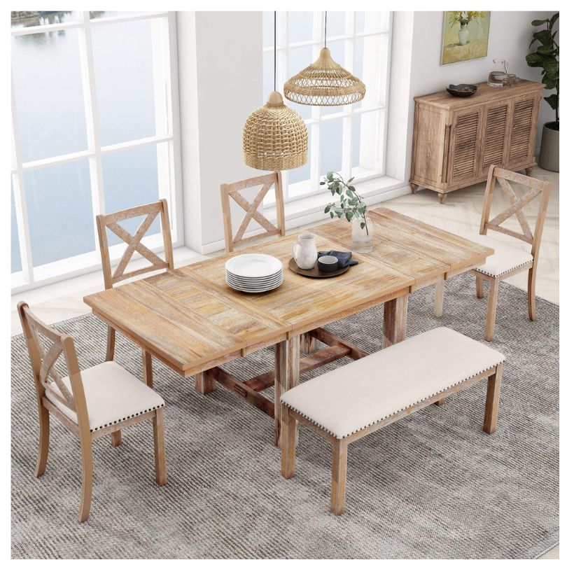 Overview of the Charming Natural Beige Farmhouse Dining Set featuring a spacious table, four chairs, and a bench.