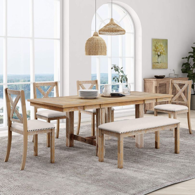 Overview of the Charming Natural Beige Farmhouse Dining Set featuring a spacious table, four chairs, and a bench.