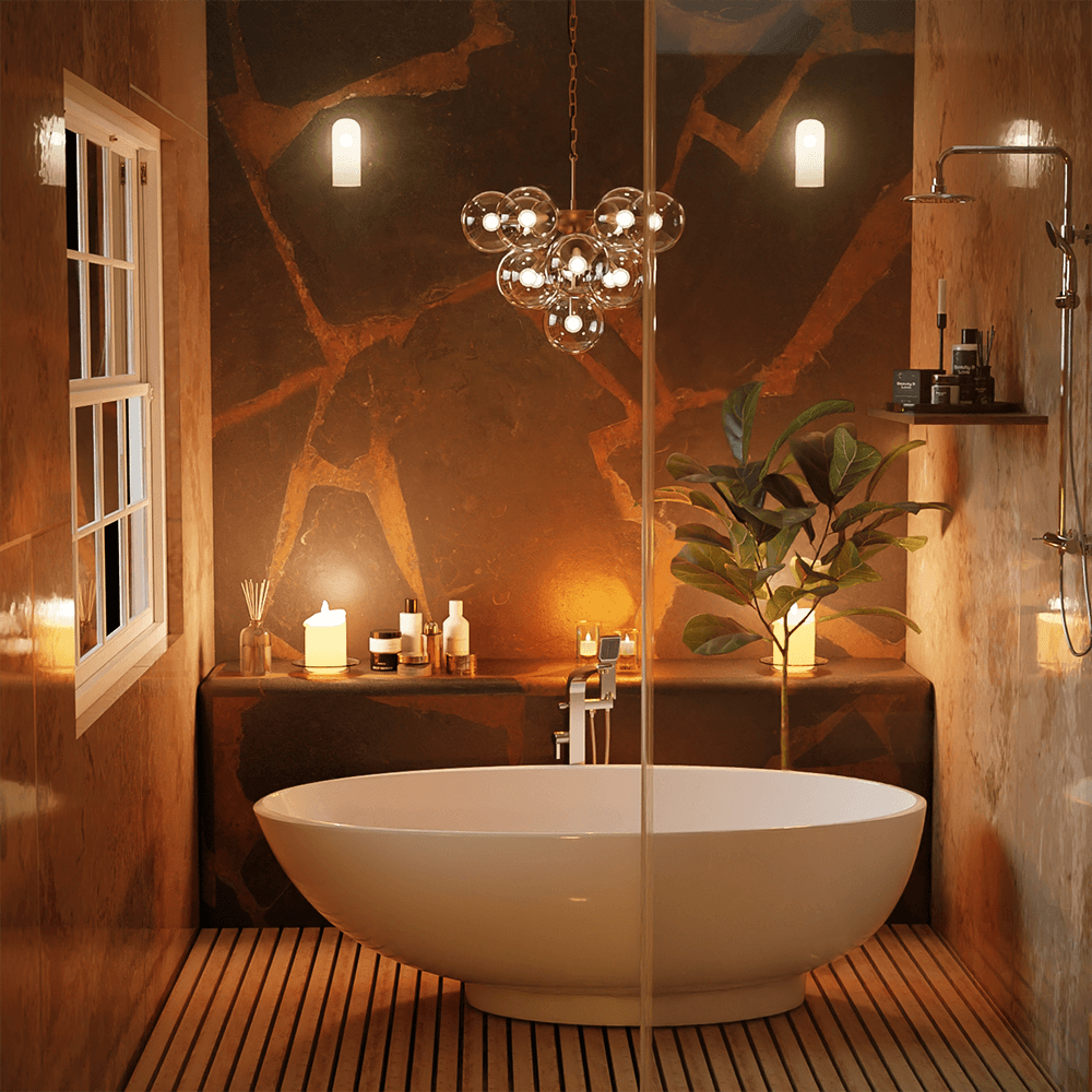 Side view of the freestanding bathtub in a stylish bathroom setting, highlighting its versatility.