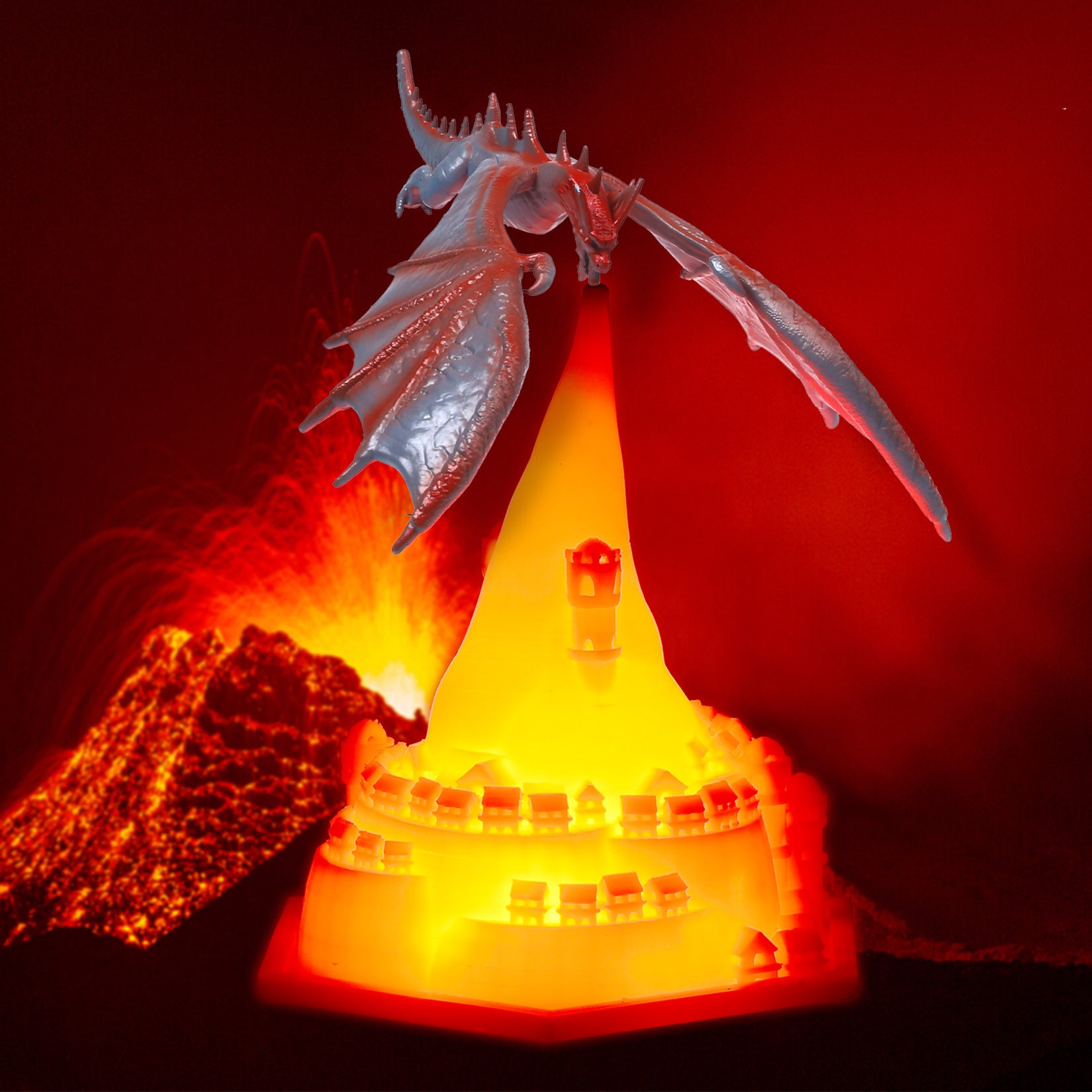 3D printed dragon lamp showcasing intricate details and blue illumination from the front angle.