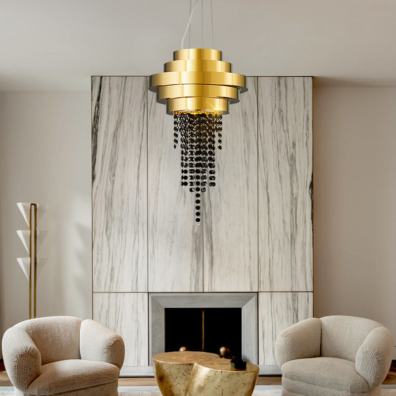 Opulent gold crystal tassel chandelier showcasing its stunning design and craftsmanship.